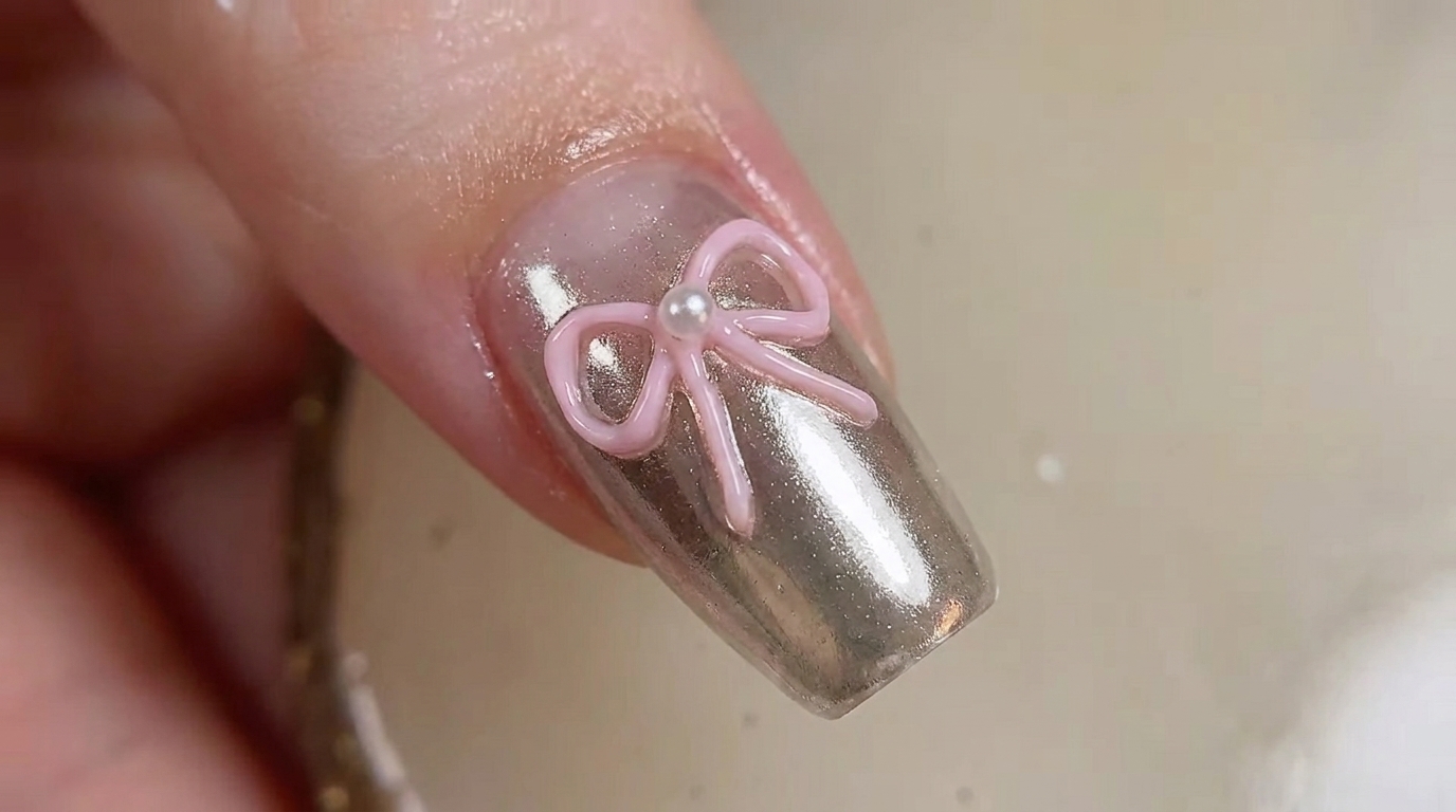 3D Bow Chrome Gel Nails — Trendy Metallic Nail Tutorial