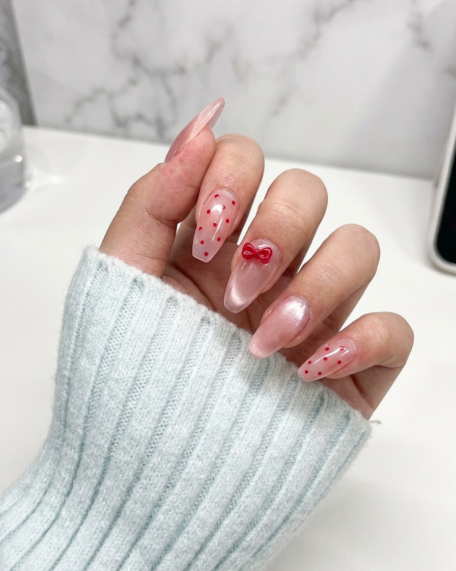 A hand placing a small, shiny red 3D bow charm onto the center of a fingernail.