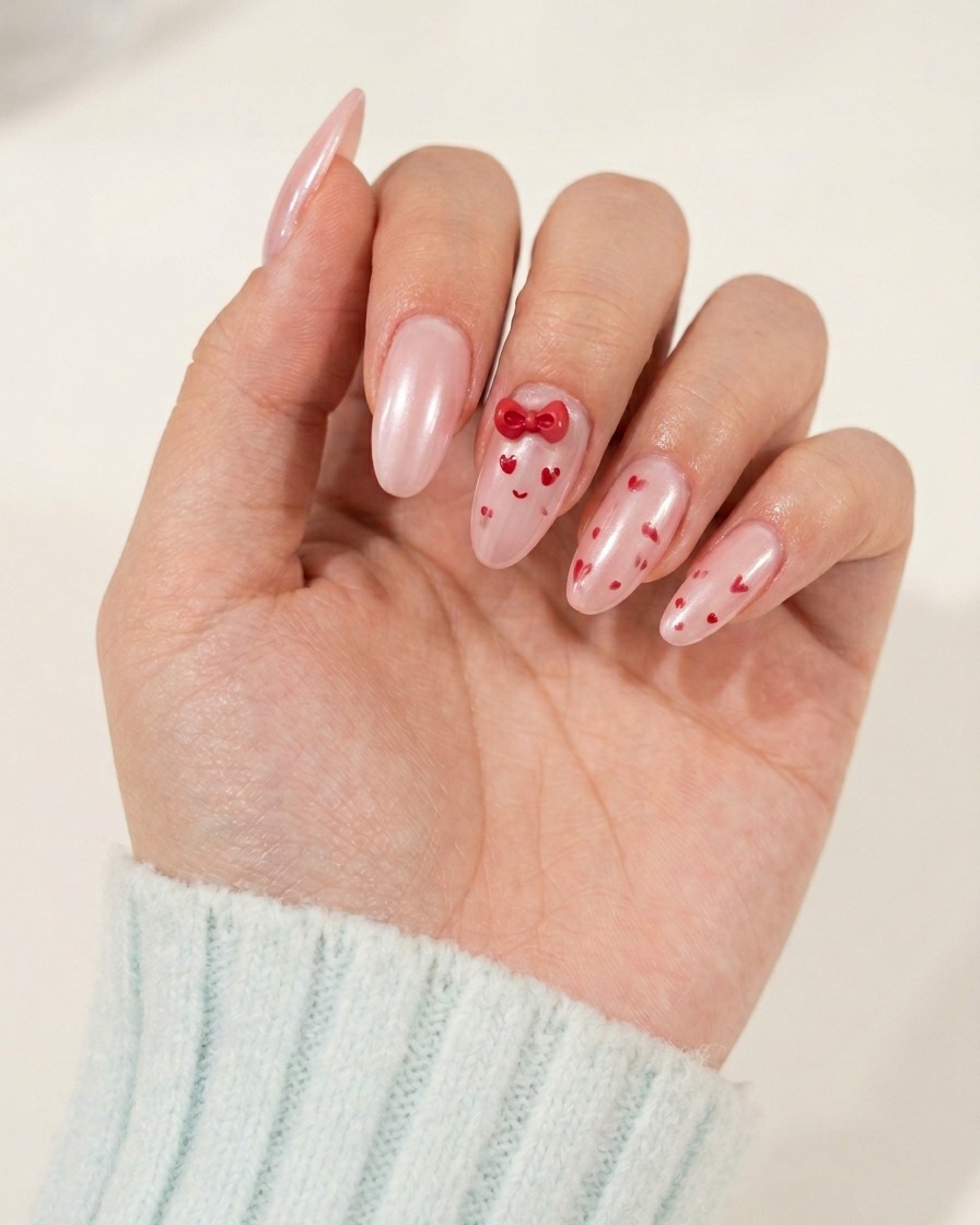 A detail brush creating small simple red eye designs on a fingernail beneath an existing bow charm