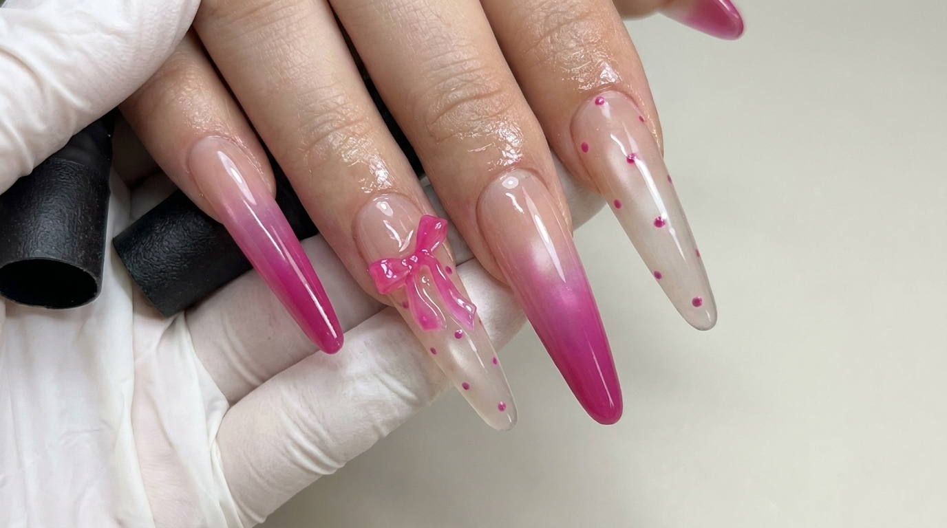 Pink Bow and Dot Gel Nails — Step-by-Step Tutorial