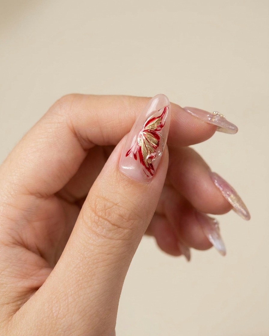 Close-up of a silicone tool creating delicate textures and folds into wet 3D gel on a nail.