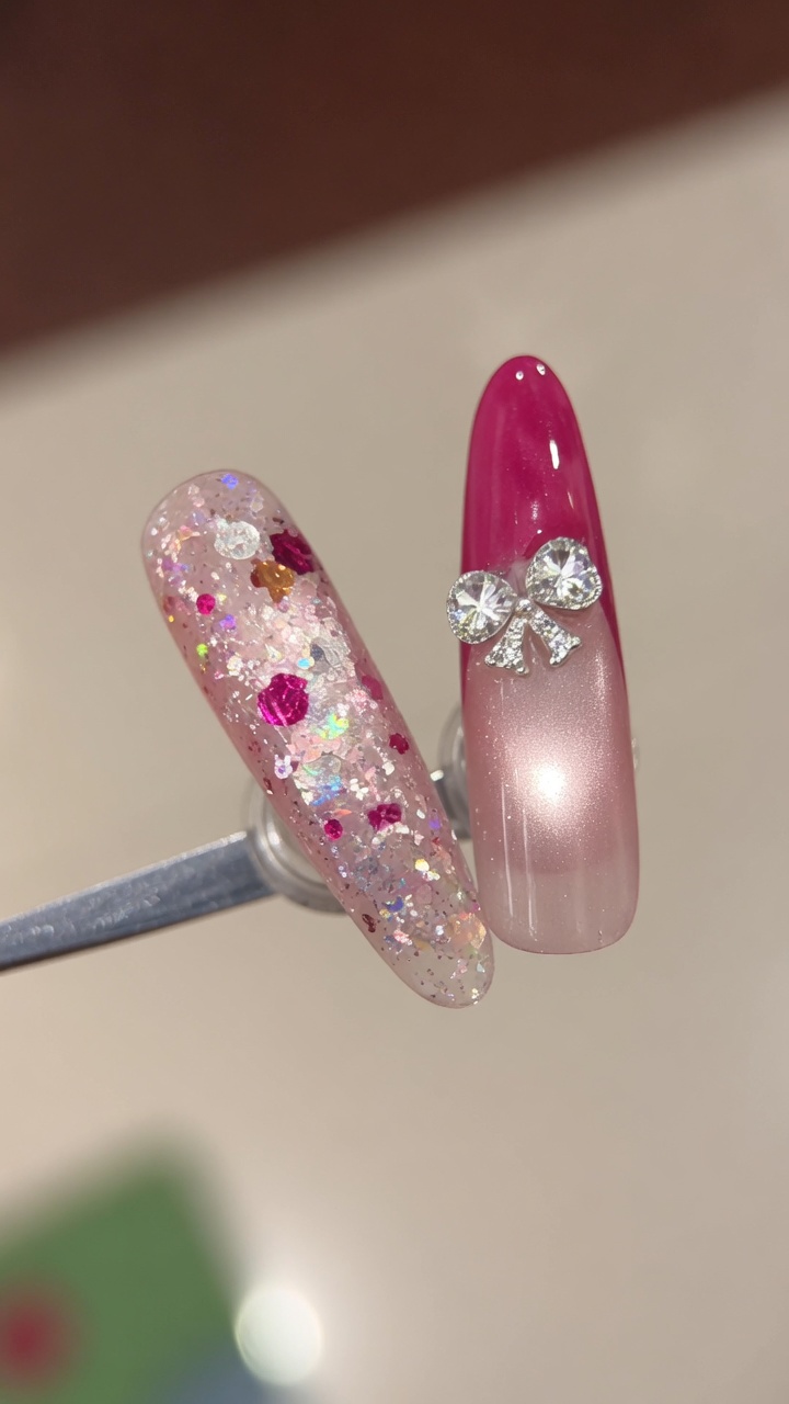 Sweet and Spicy Rose Red French Manicure with Cat Eye and Rhinestone Bow