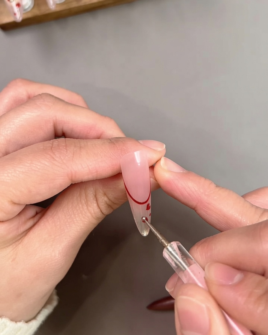 A dotting tool applying small red gel dots to a nude nail with a red French tip and tiny heart details.