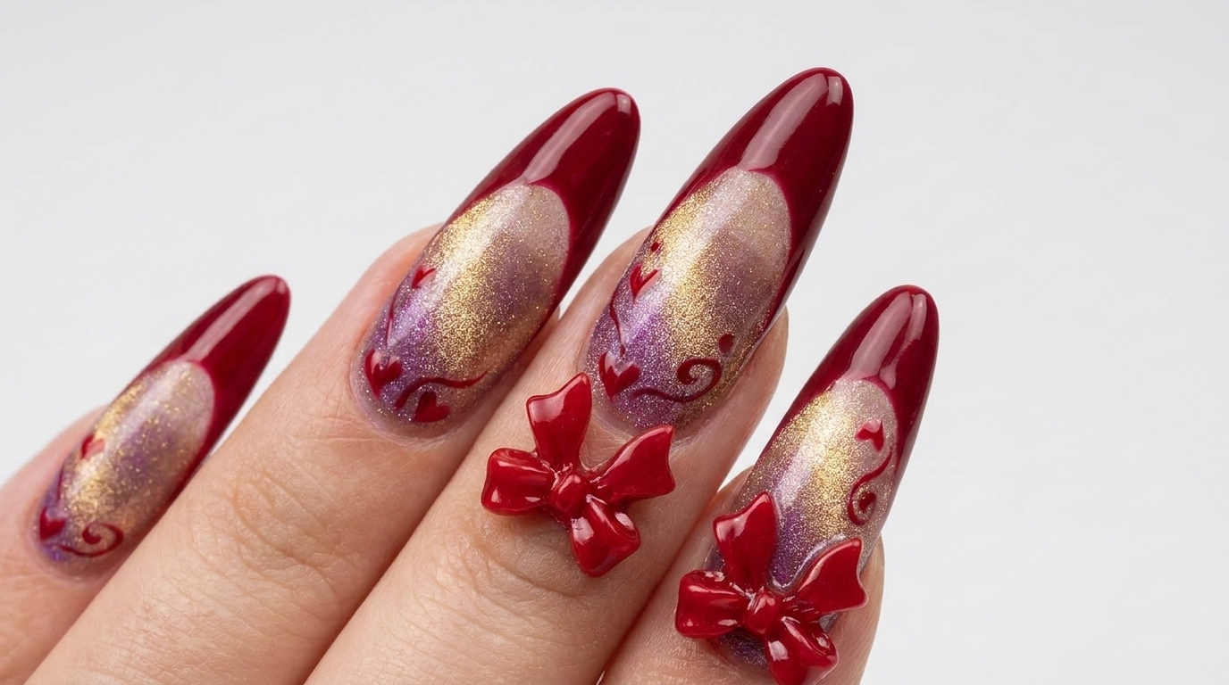 Red Bow French Gel Manicure — Elegant Heart Accent Tutorial