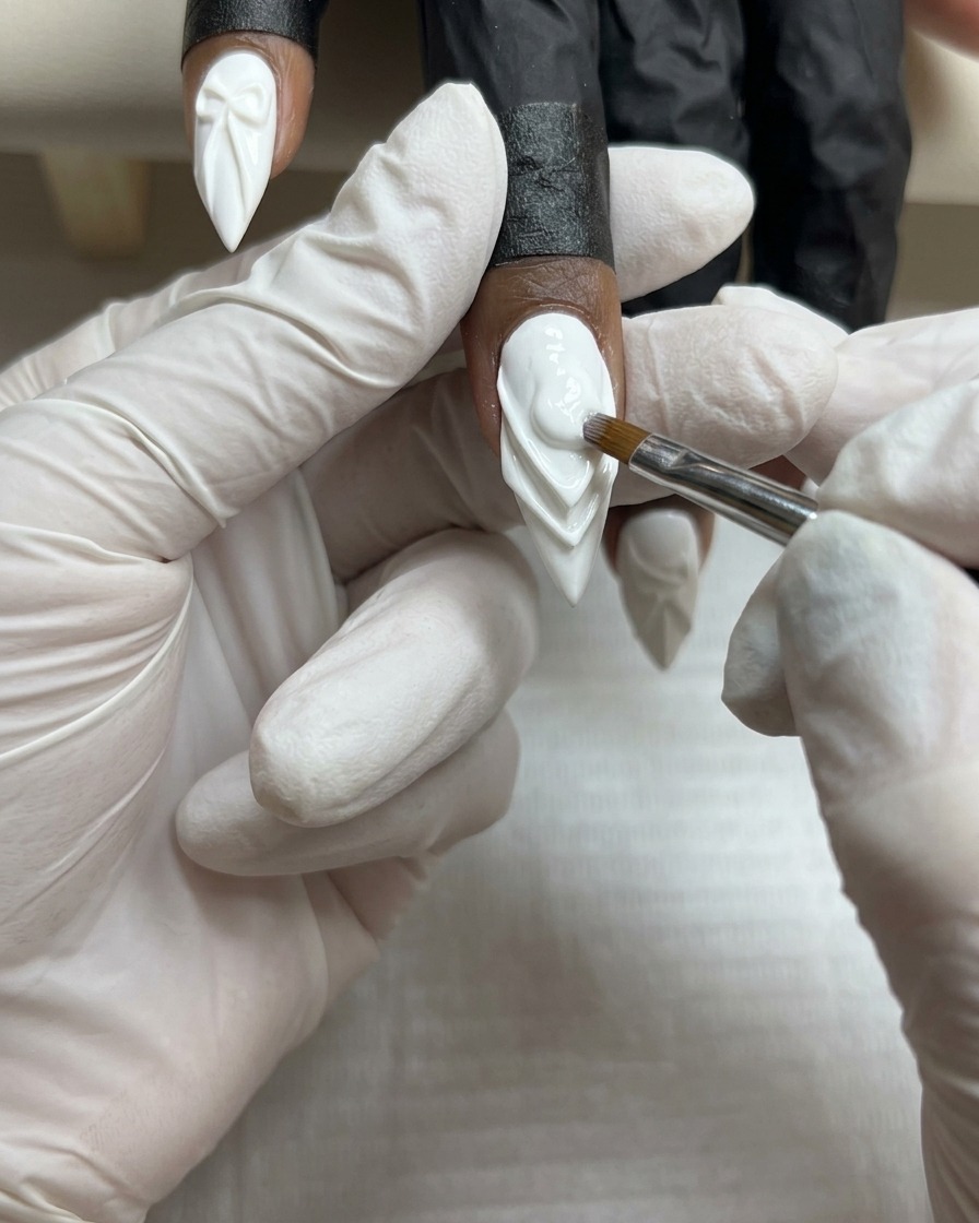 A nail brush refining a second layer of opaque white gel polish on a fingernail.