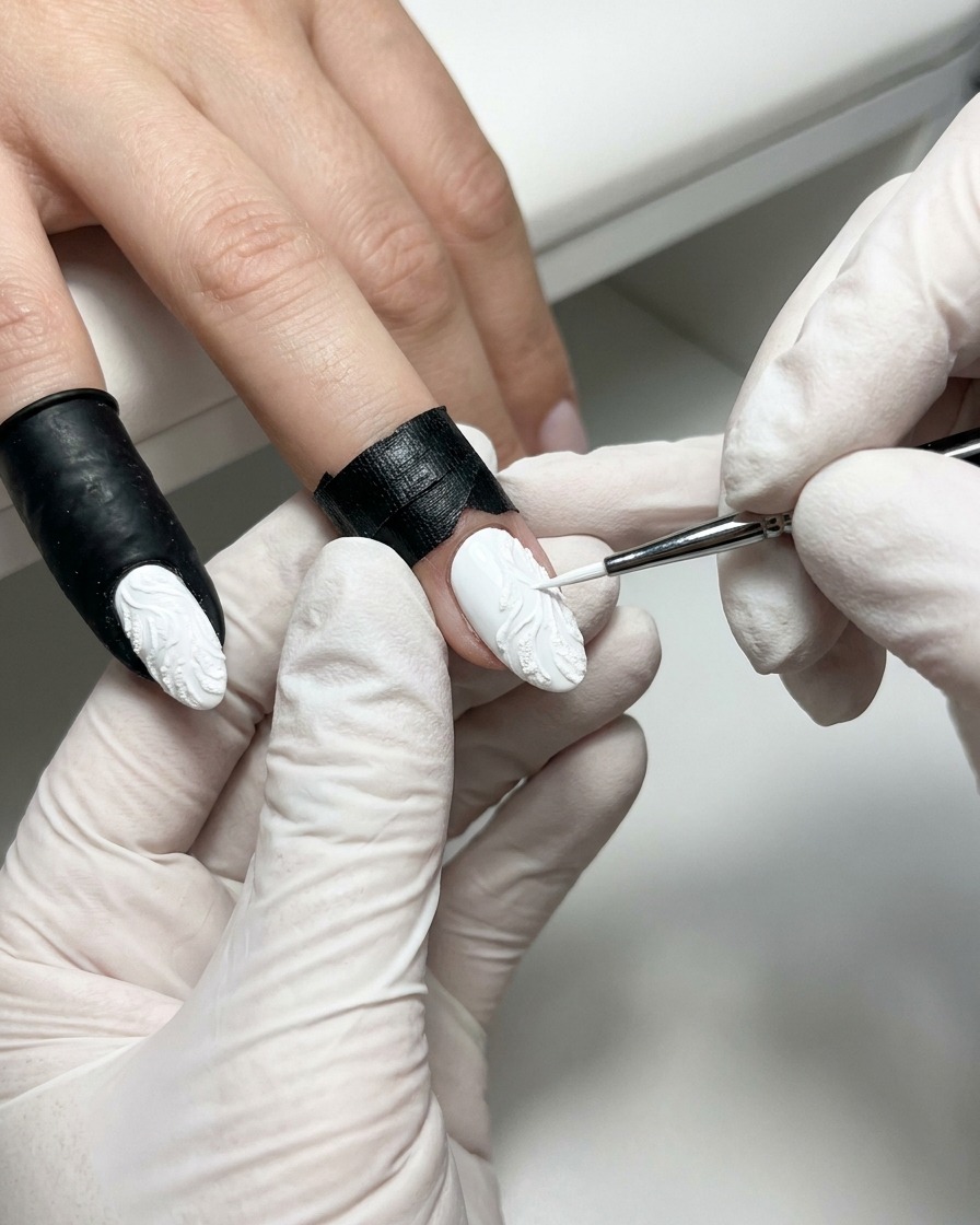 A detail brush carefully pulling white sculpting gel into a triangle shape on a nail surface.