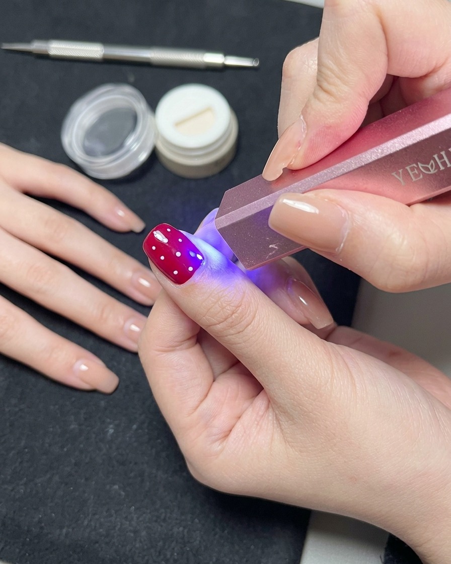A fingernail with white polka dot designs resting inside a UV/LED lamp during the curing process.