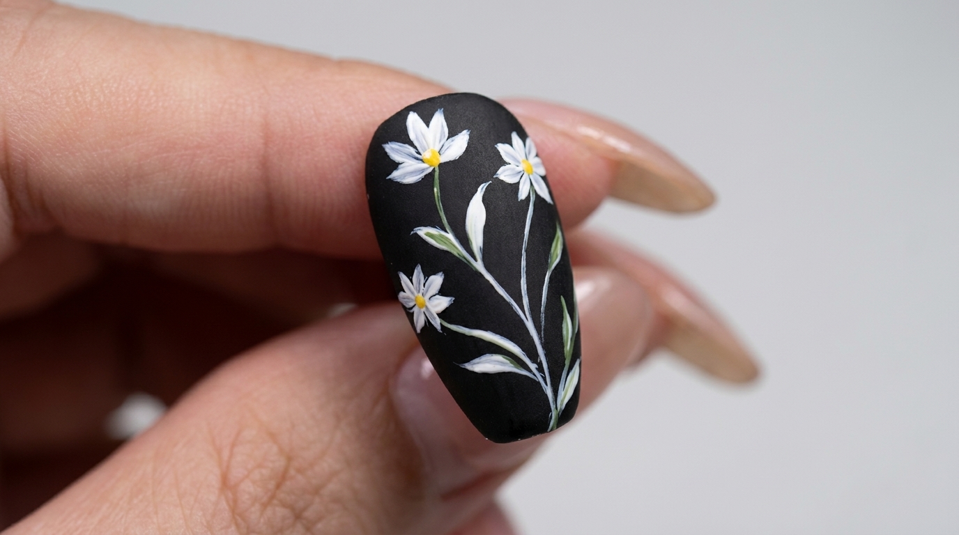 Matte Black Summer Daisy Nail Art — Beginner Floral Tutorial