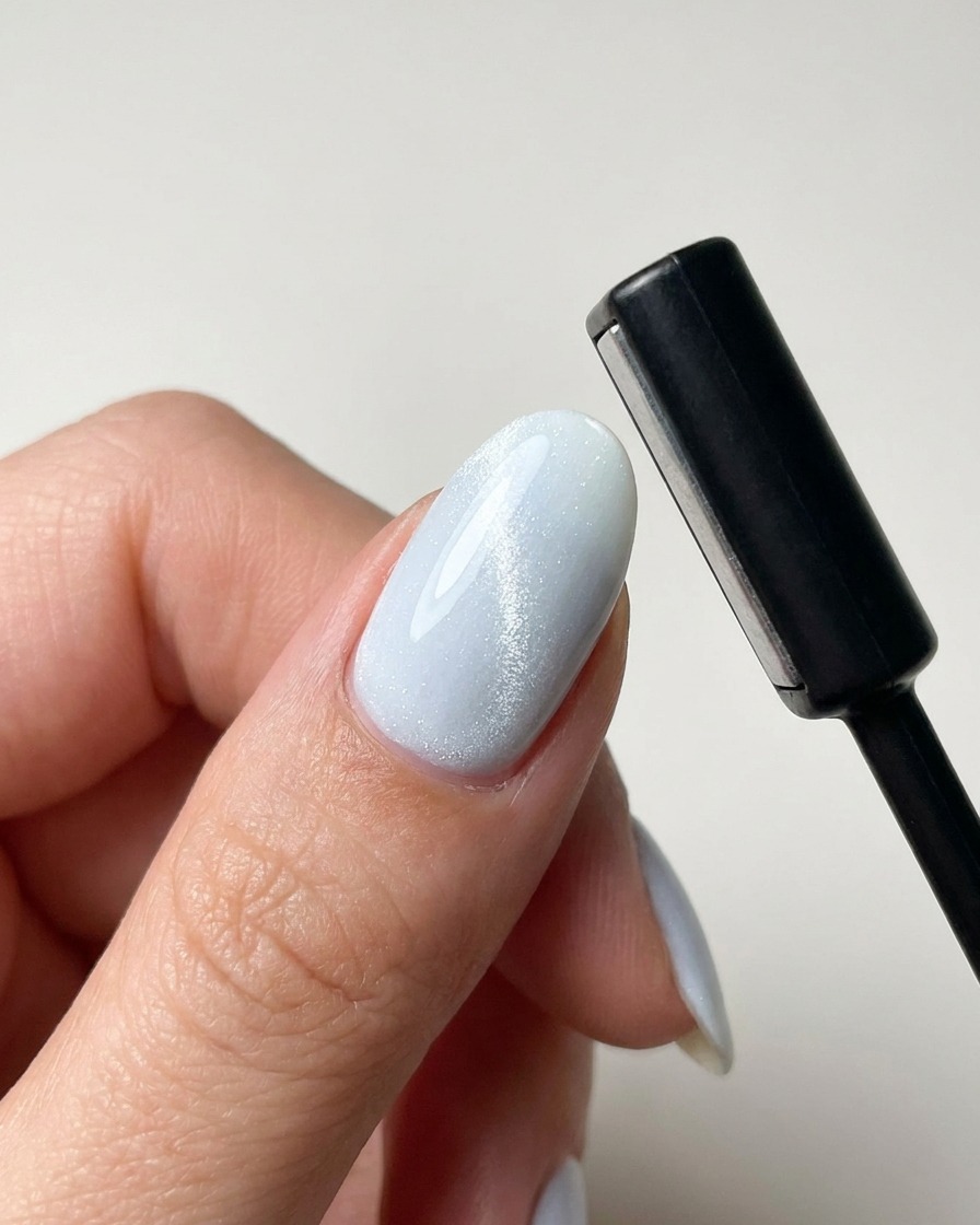 A black magnetic tool hovering over a glossy, wet-looking nail to pull the shimmer particles into a line.