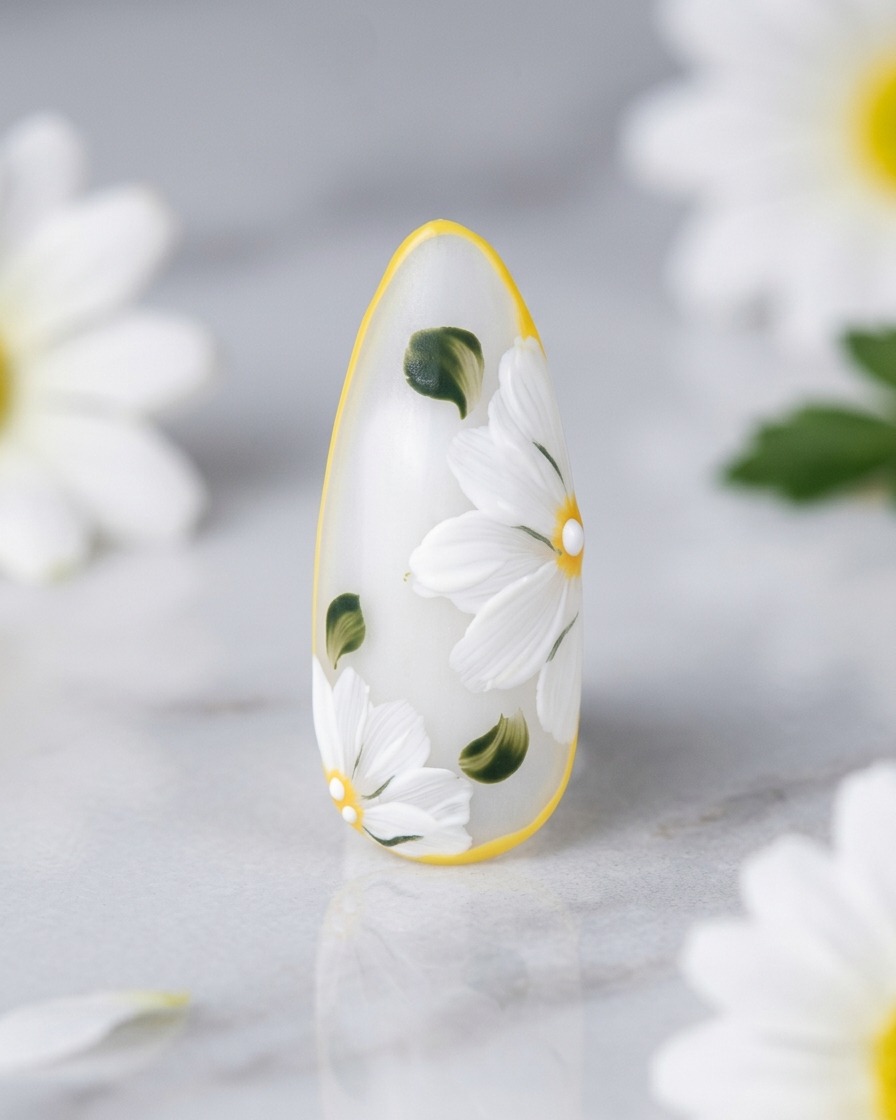A finished nail tip displaying the completed daisy design with a matte finish, set against a clean, professional background.