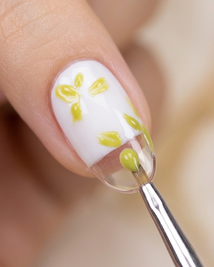 The nail with the painted green leaf design being positioned for curing under a nail lamp.