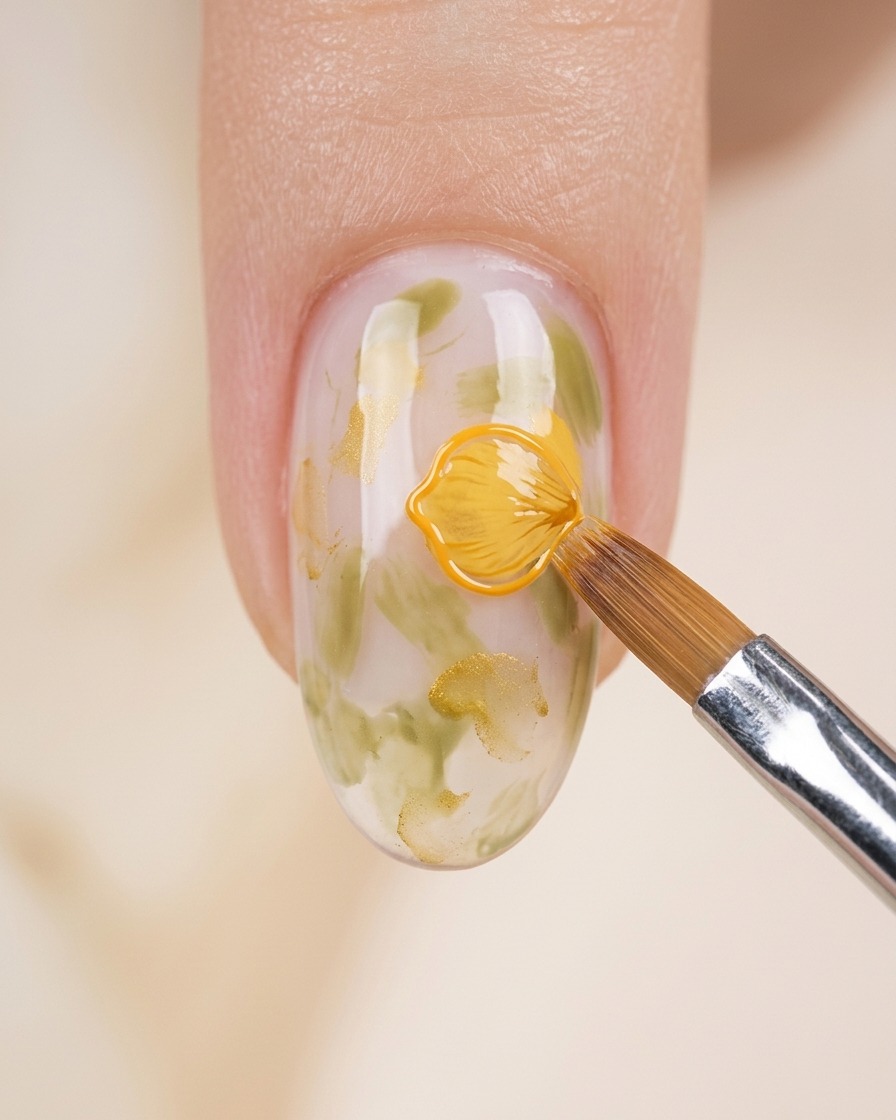 A close-up of a nail with green leaf outlines, where a brush with yellow-orange gel is actively painting the shape of flower petals.