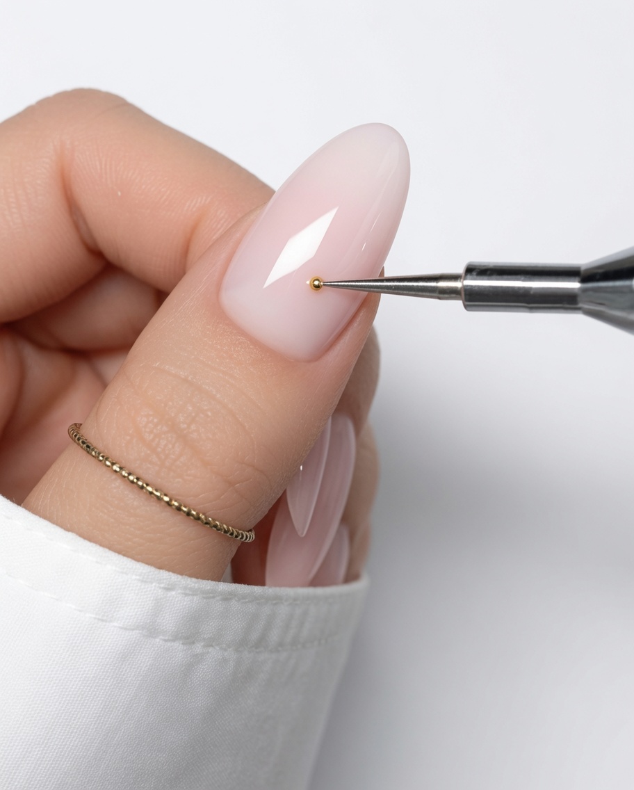 A close-up of a dotting tool placing a small yellow gel dot on a nude-colored nail.