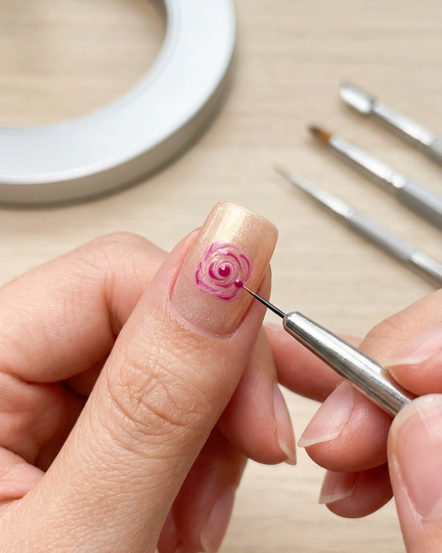 A close-up showing a detail brush softening the center of a painted rose design on a nail.