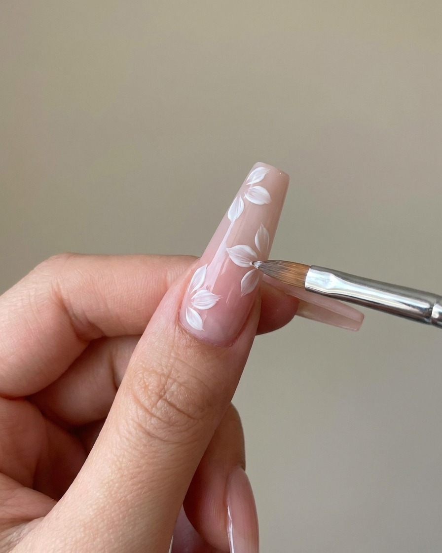 A fine liner brush adding a second layer of white gel petals over the existing matte design.