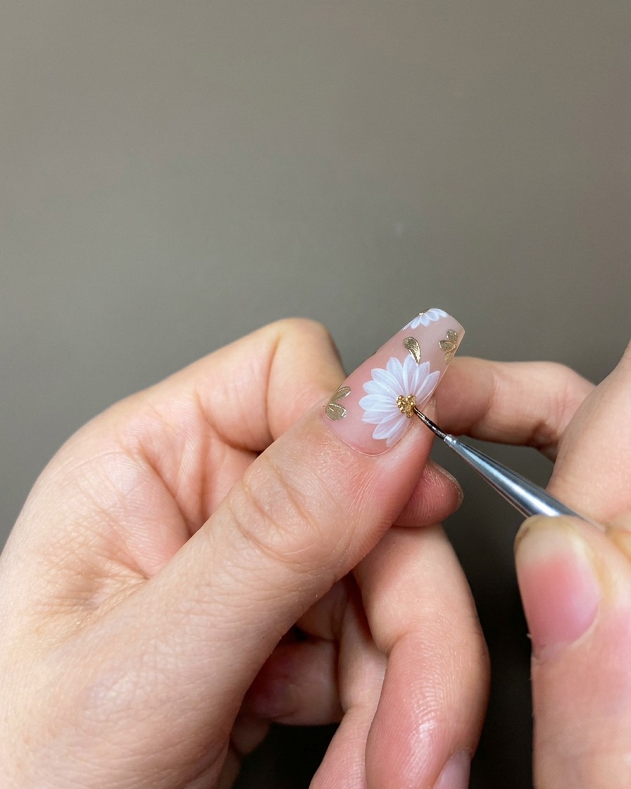 A hand positioned inside a professional UV/LED lamp with the light curing the finished nail manicure.