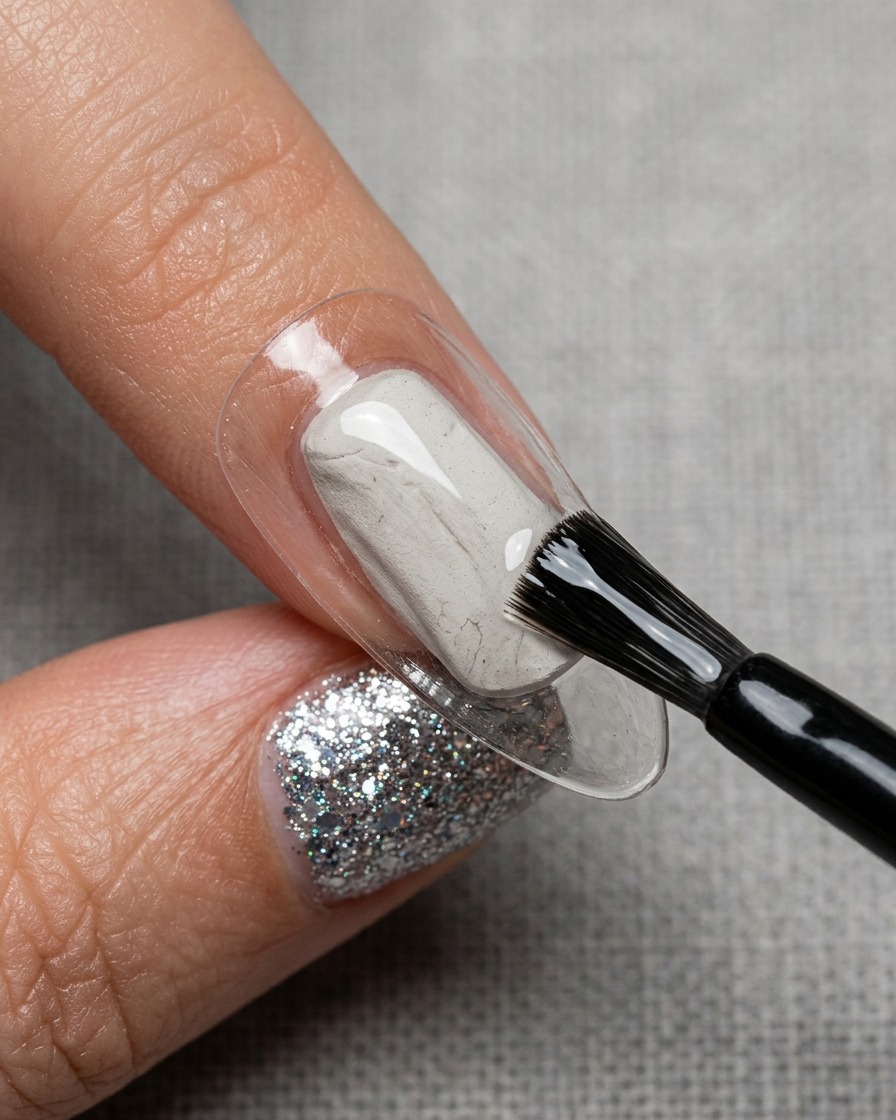 A close-up of a nail tip inside a UV/LED lamp during the curing process.