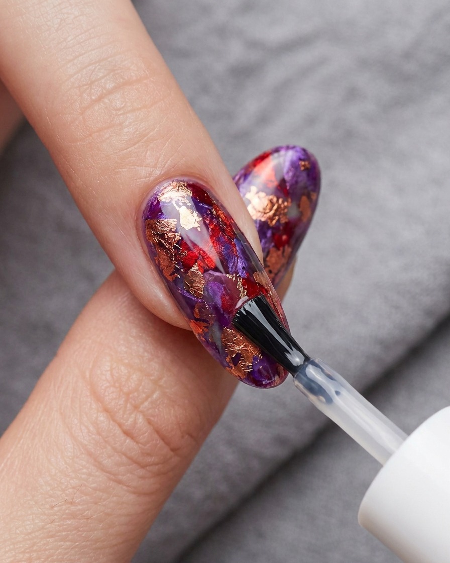 A brush applying a clear, glossy top coat over the completed red and blue blooming gel art.