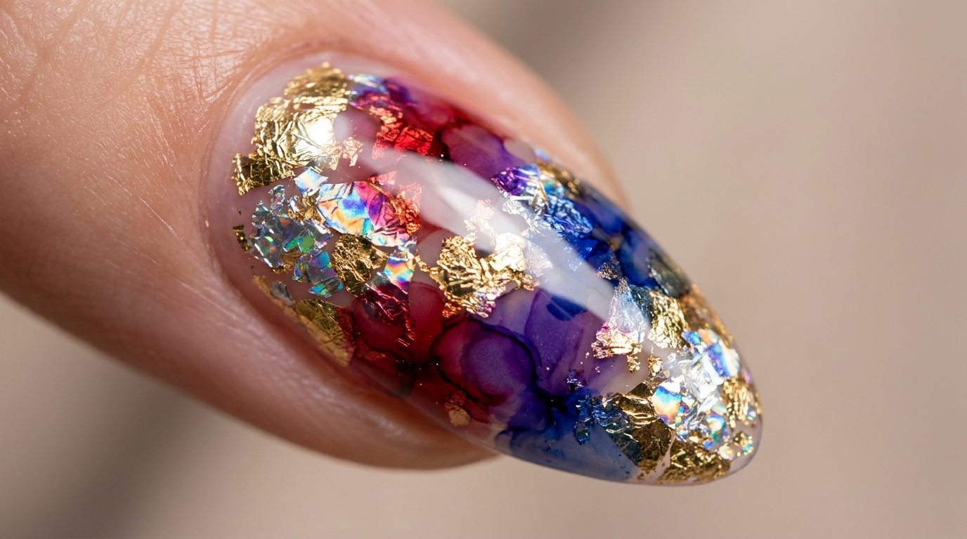 Gold and Holographic Foil Blooming Gel Nails — Step-by-Step Tutorial