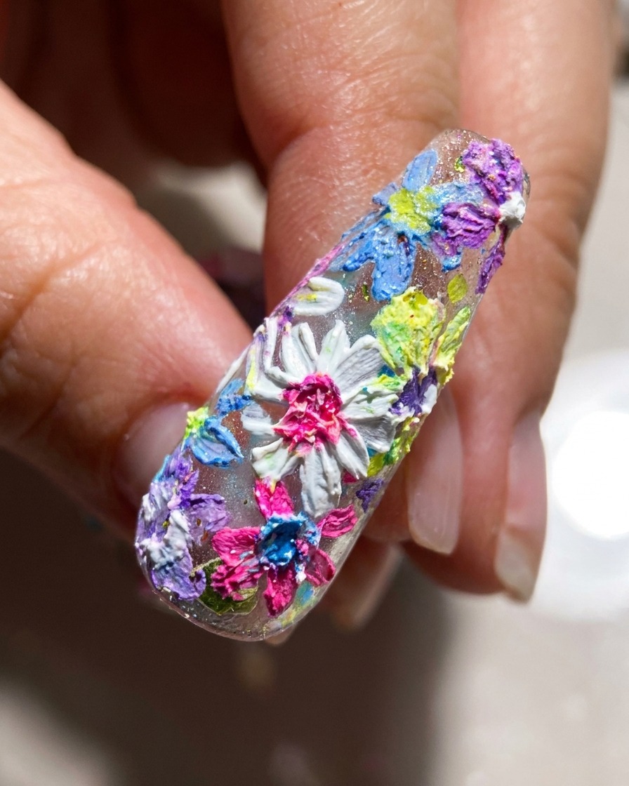 A close-up view of a fully decorated 3D floral nail design, finalized and ready for the last cure.