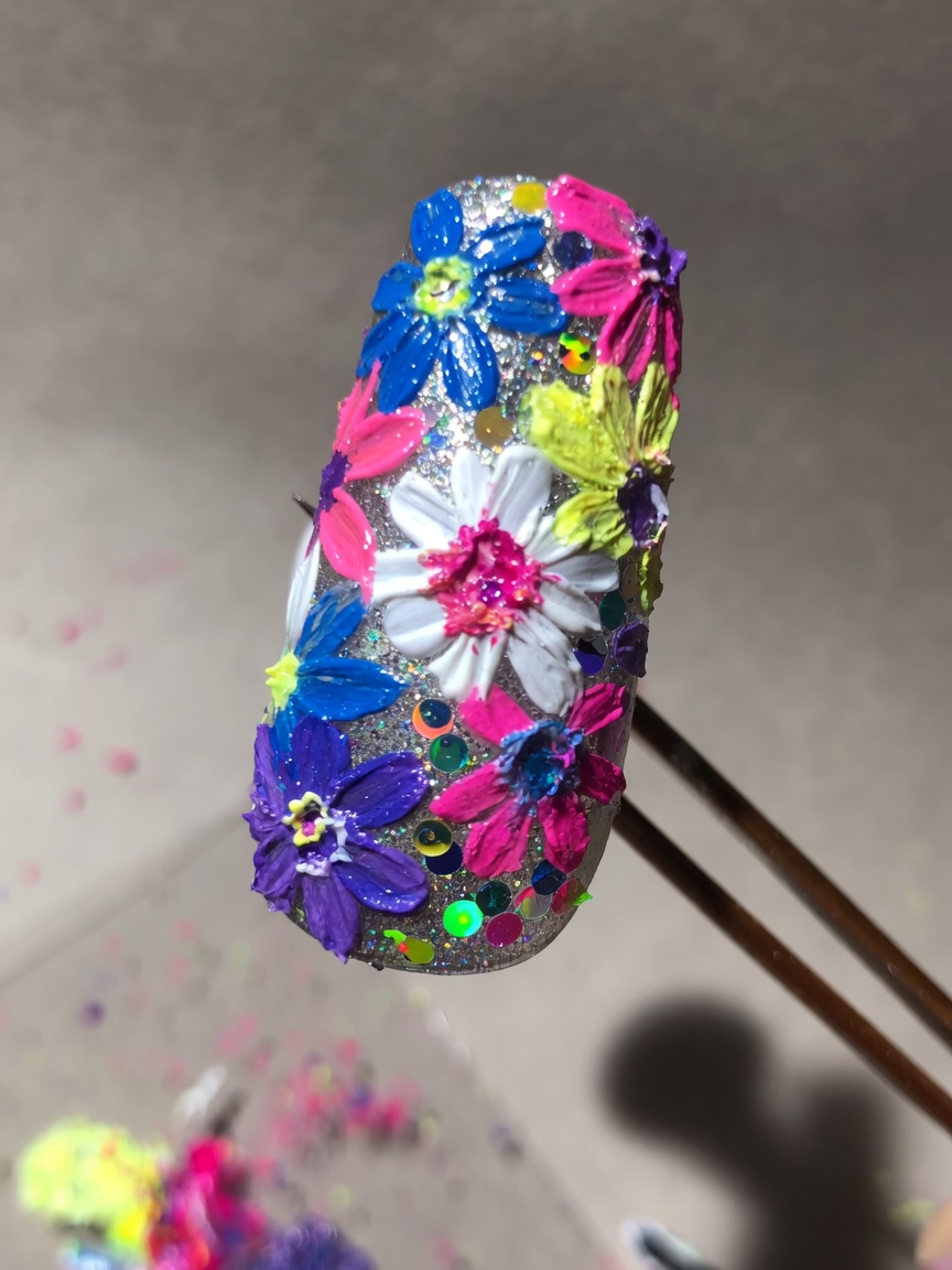 3D Impasto Floral Nail Art with Sequin Base — Step-by-Step Tutorial