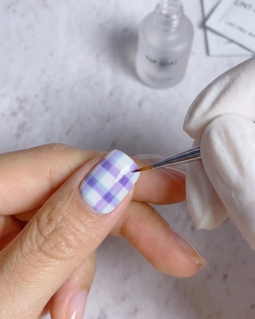 A hand with finished, decorated nails resting inside a professional UV nail lamp for the final cure.