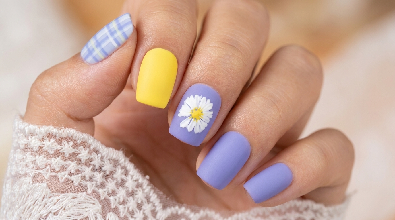 A detailed look at the finished daisy and plaid gel nail art, featuring crisp floral details on a soft purple background and a coordinated matte plaid pattern.