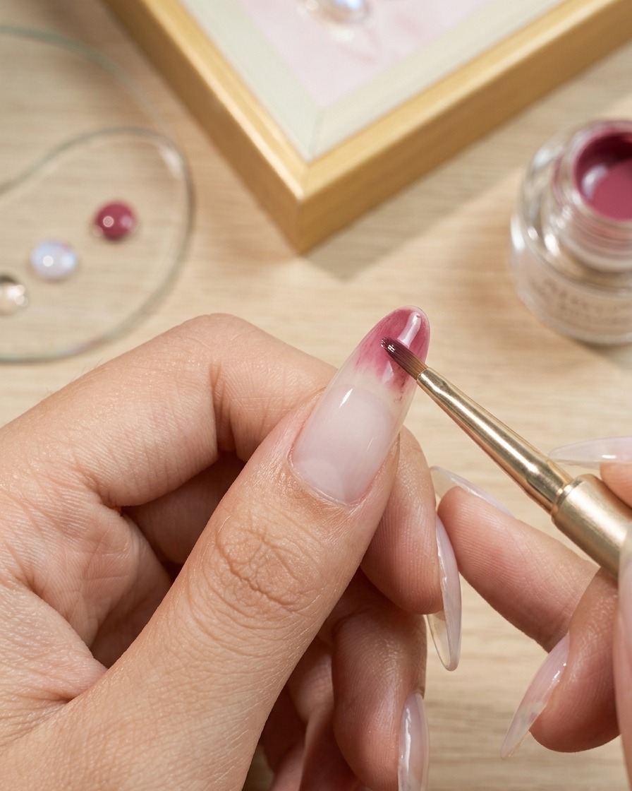A close-up of a gel brush applying pink color gel to the tip of a nail, fading it upwards towards the cuticle.