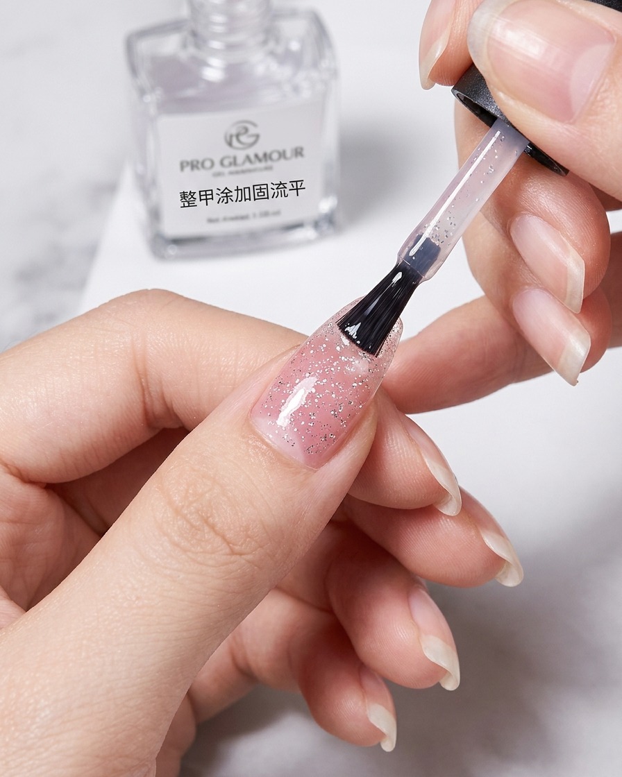 A brush applying a layer of clear top coat over the finished nail design, creating a glossy, leveled surface.