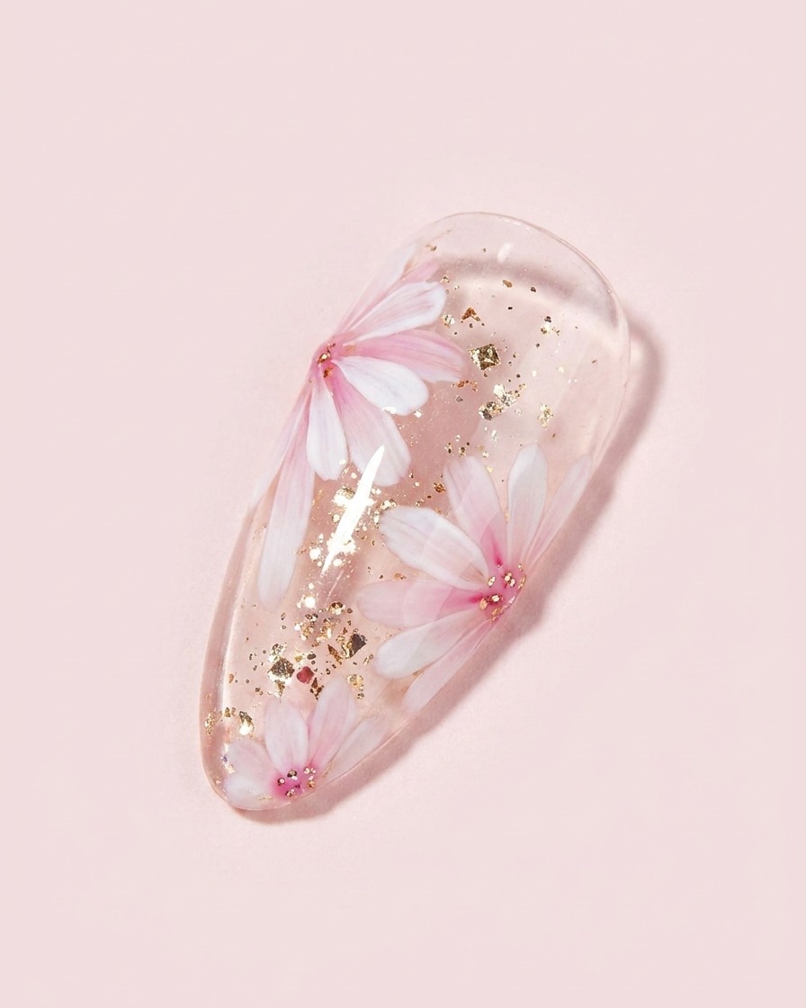 A fine brush adding a touch of deeper pink to the center of a painted daisy and pulling thin lines outward for texture.