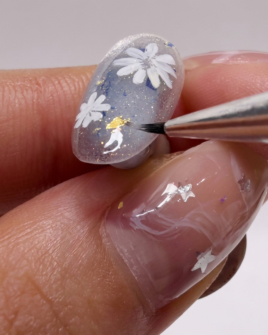 Macro shot of a nail art brush adding fine details to white daisy petals on a glitter-infused nail.