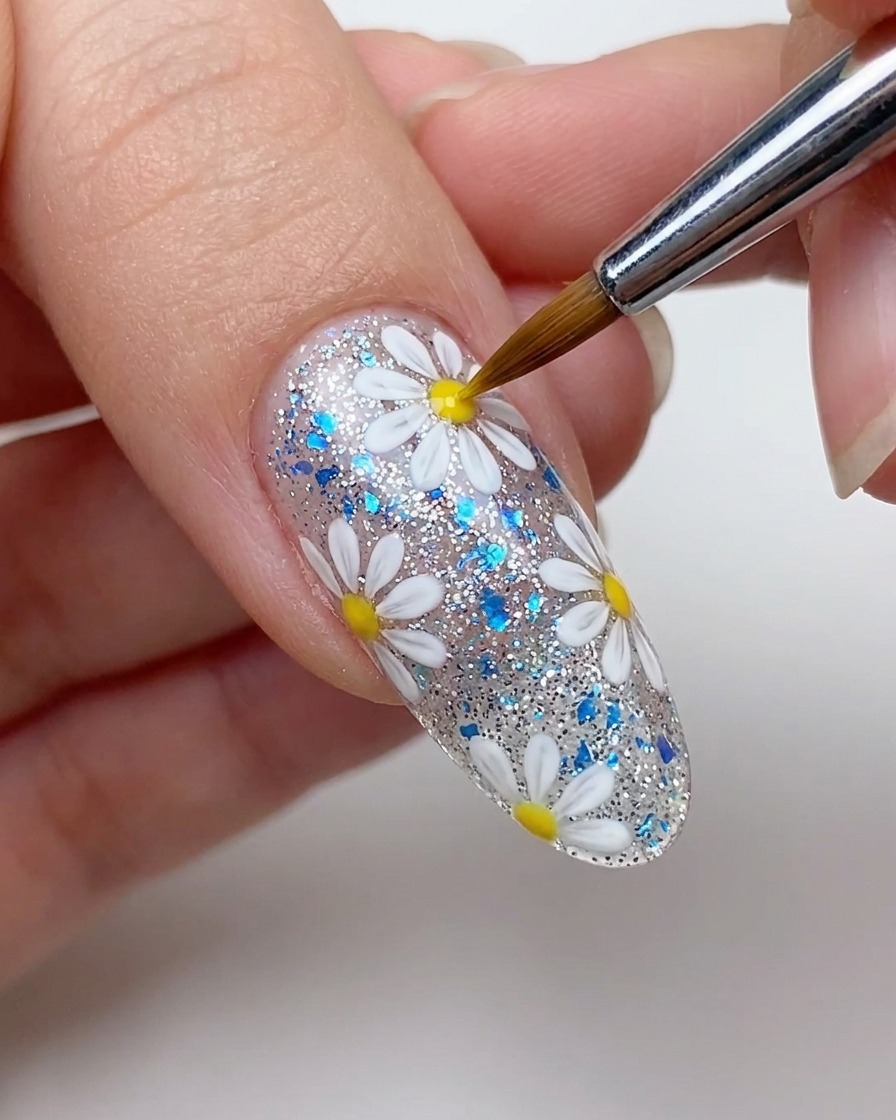 A close-up of a brush applying a small yellow dot to the center of a white daisy petal design on a manicured nail.