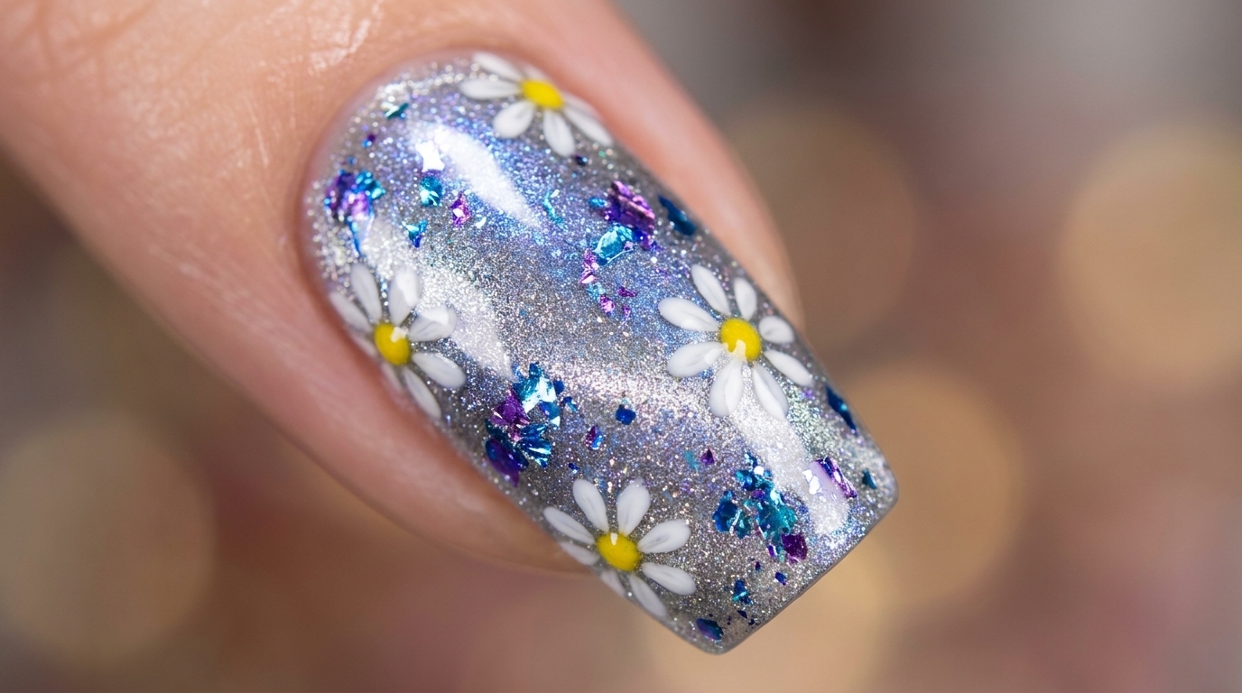 Cloud Brocade Daisy Nail Art — Floral Gel Tutorial
