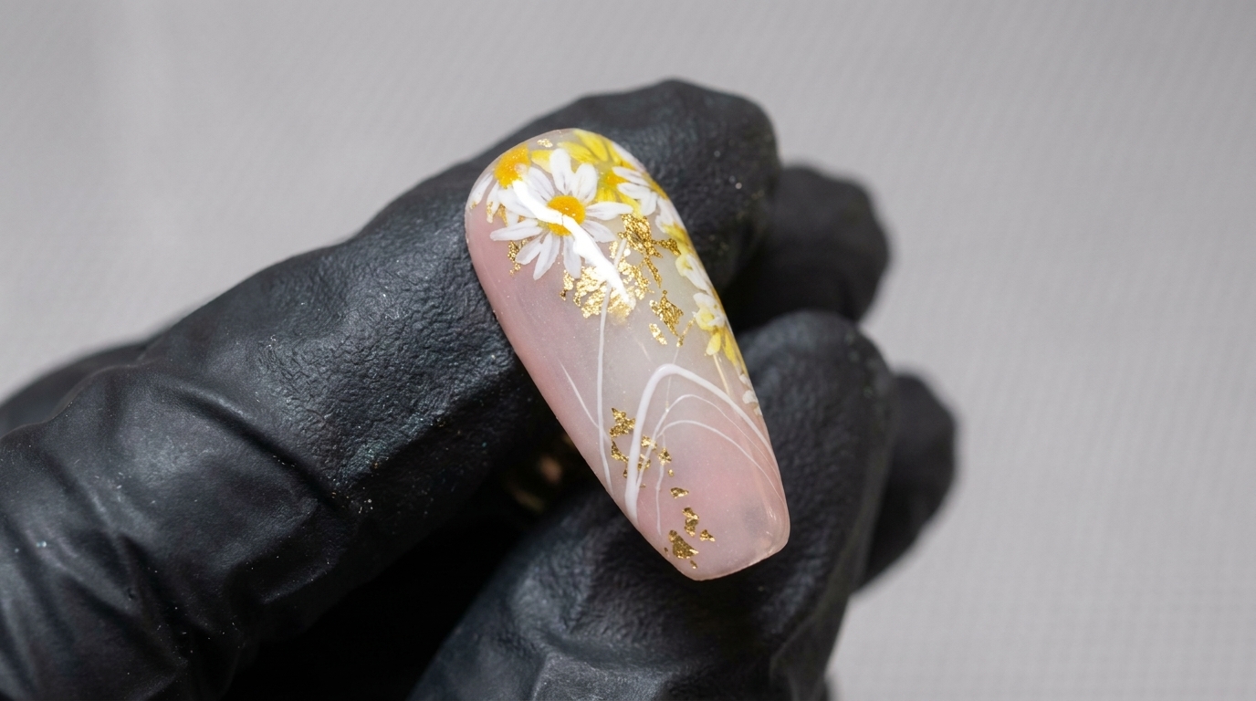 Soft Pink Daisy & Gold Foil Gel Nail Art Tutorial