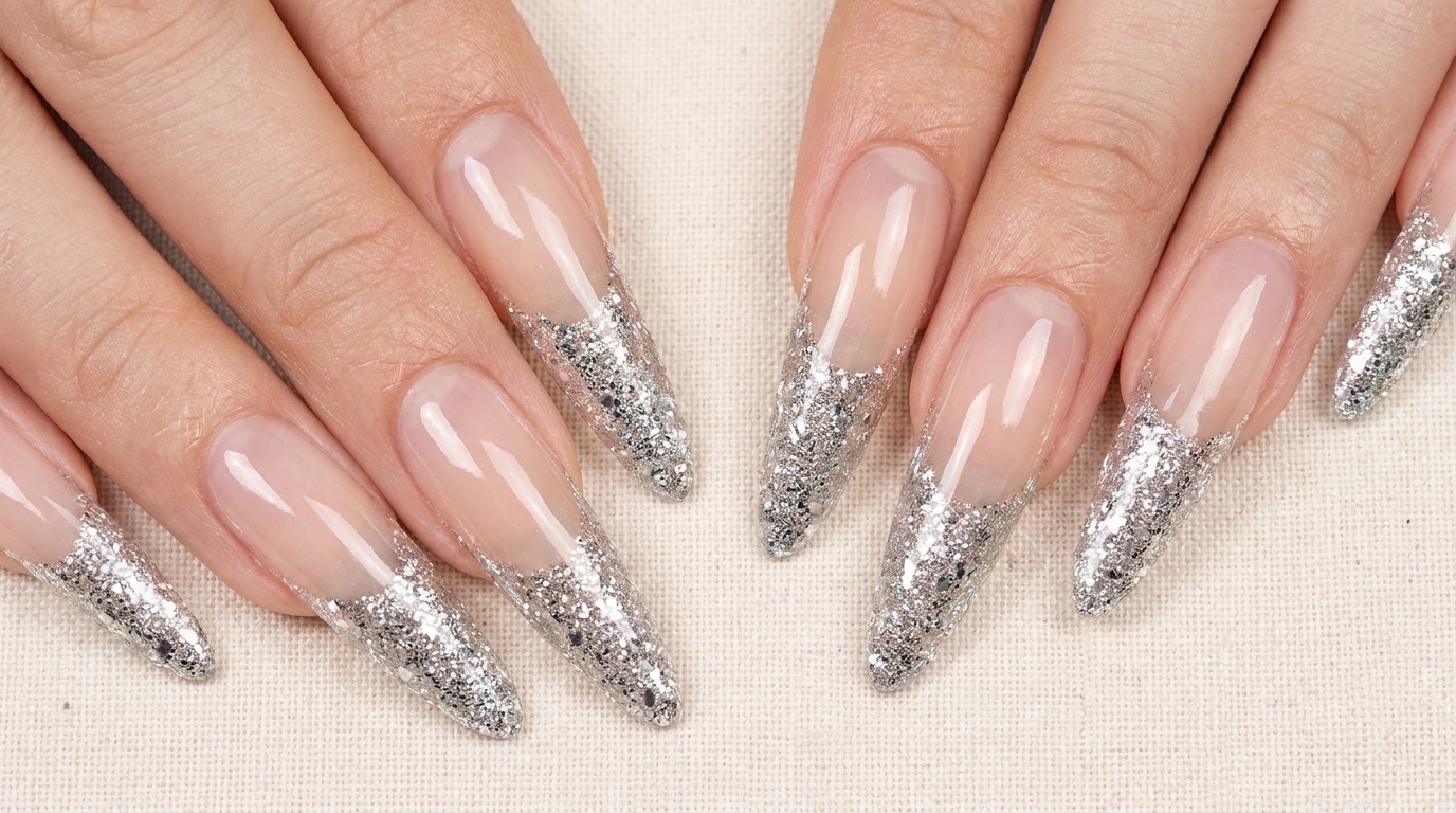 Silver Glitter French Tip Nail Extension — Step-by-Step Tutorial