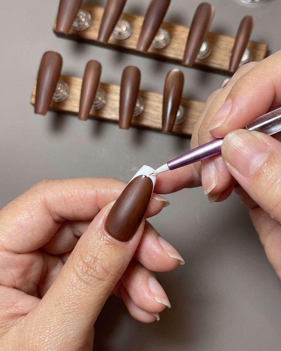 A close-up of a brown nail where a white reverse French tip is being carefully outlined at the cuticle area.