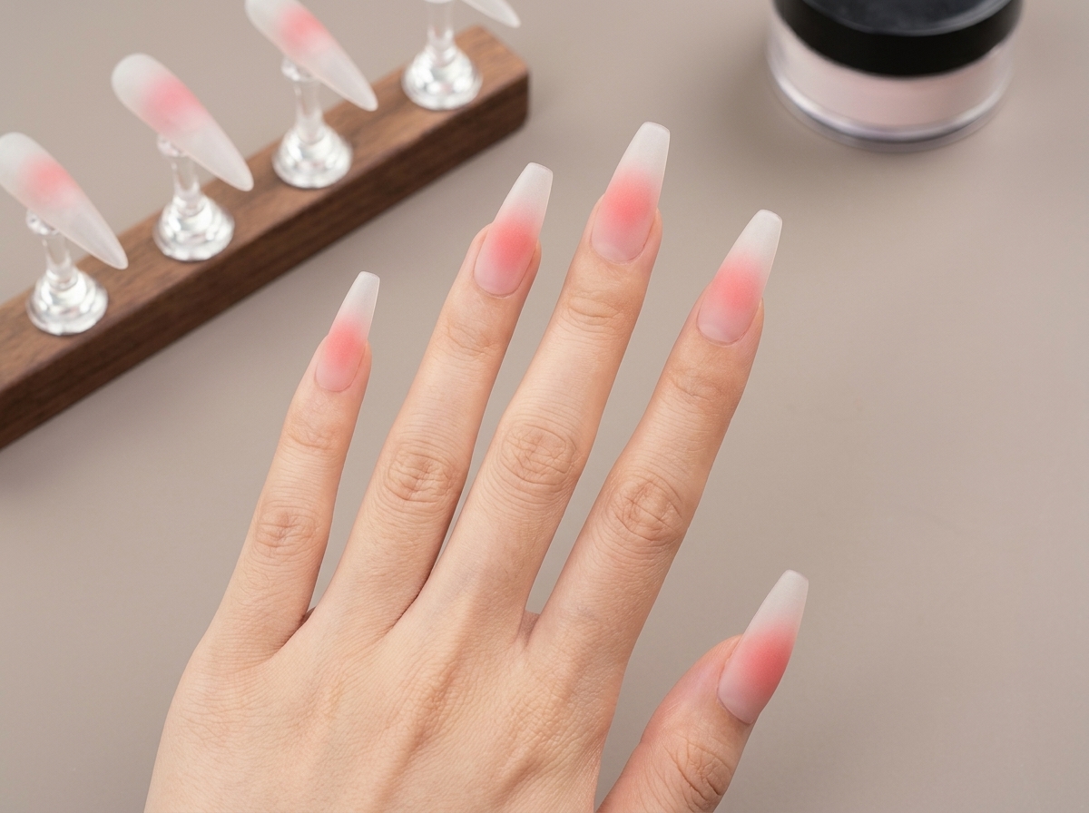 A close-up of almond-shaped nails with a soft pink gradient blush effect starting at the tips.