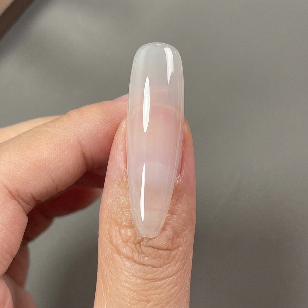 A brush applying a clear, glossy top coat over a manicured nail.