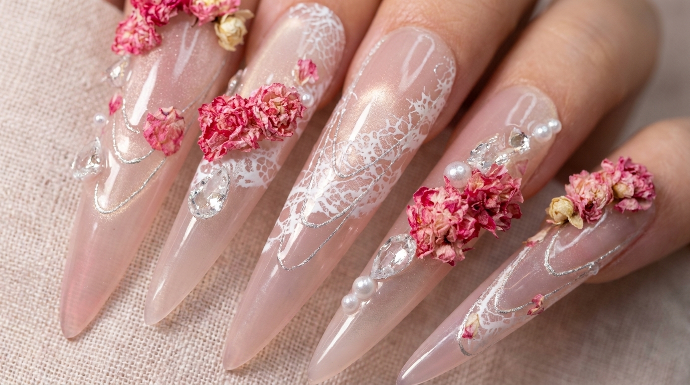 Tiptoe Rose Stiletto Nails — Intricate Lace and Floral Tutorial