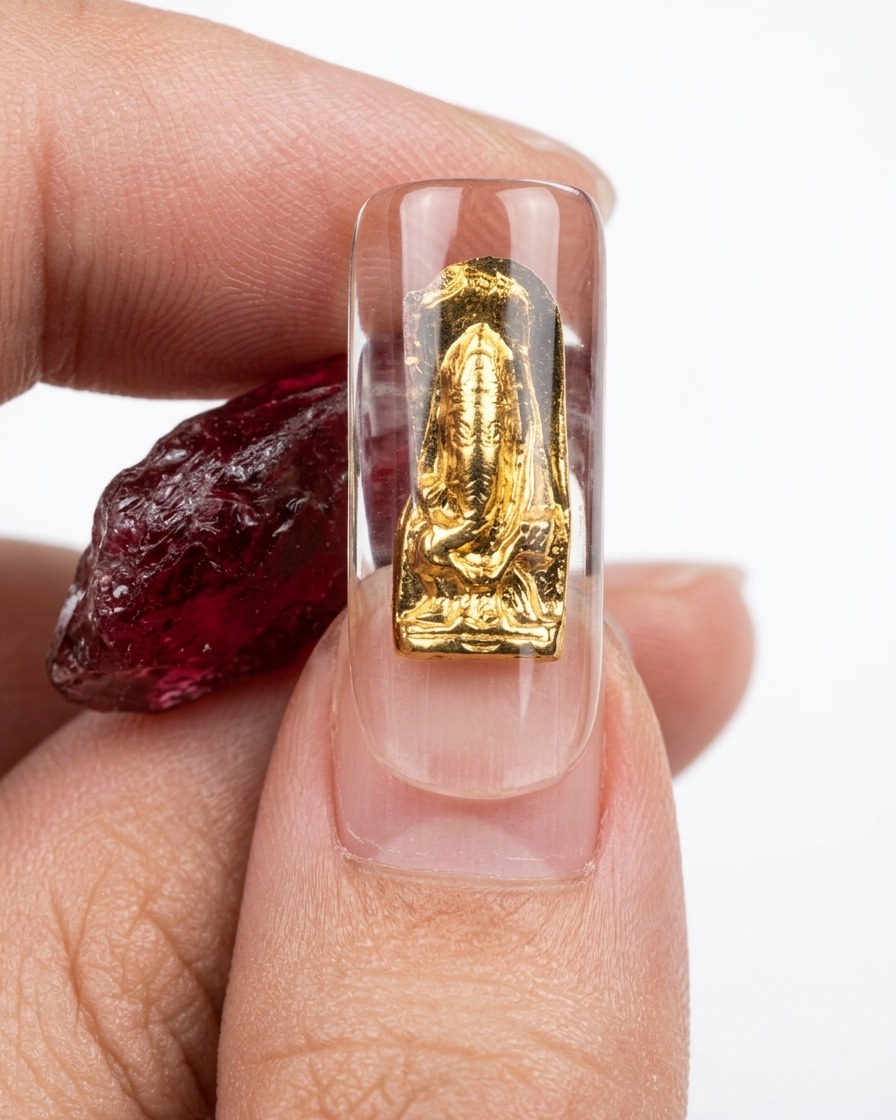 Tweezers pressing cling film onto the wet gel surface of a nail tip to create a textured finish.