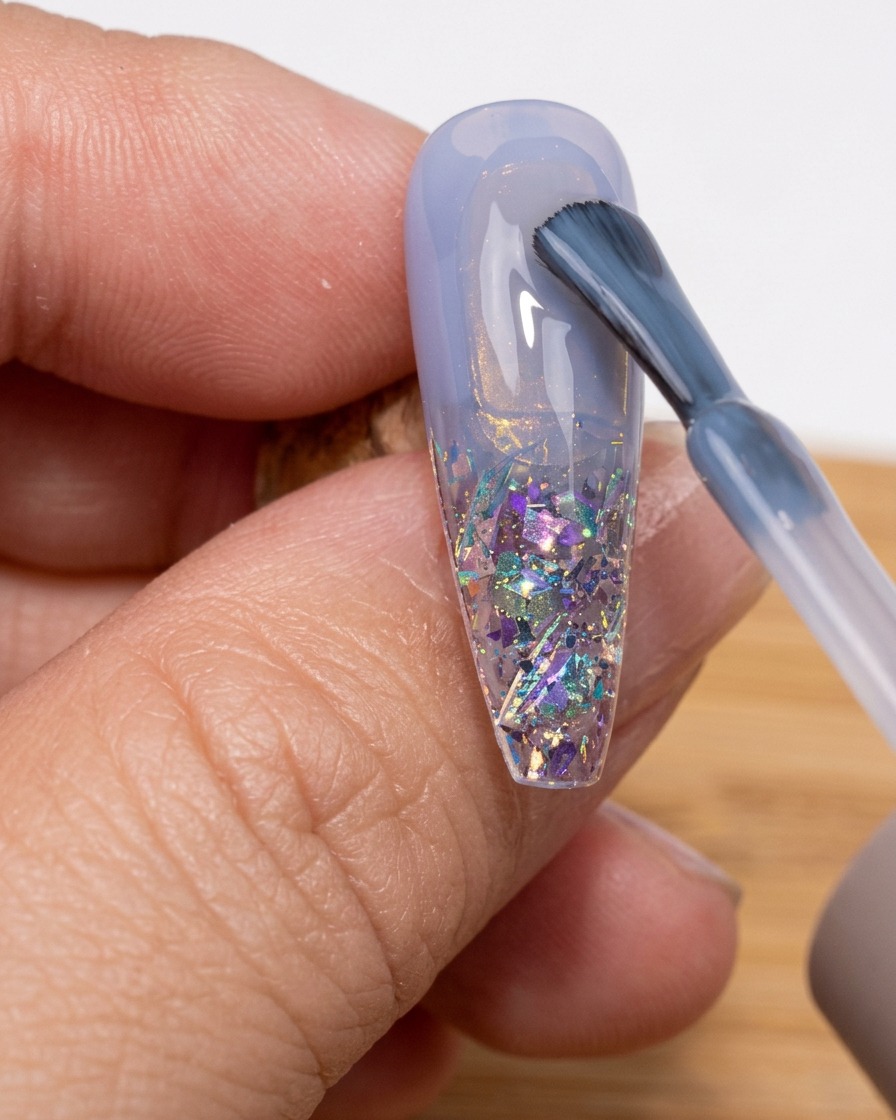 A brush applying a layer of clear reinforcement gel over the entire nail surface.