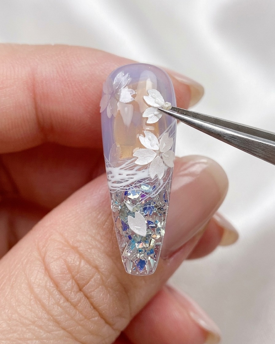 A close-up of a pair of tweezers placing a tiny gold-colored steel bead onto a nail surface decorated with cherry blossom sequins.