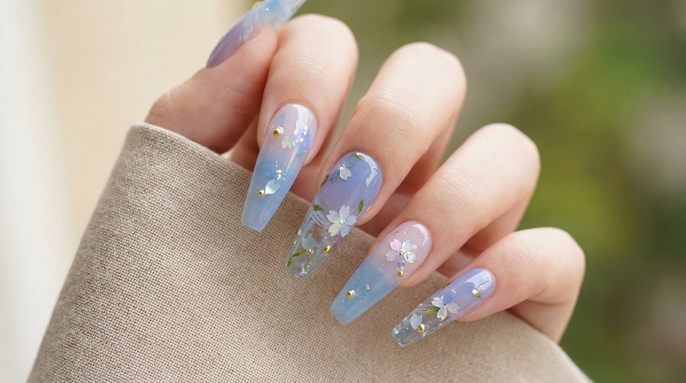Summer Elf Blue Gradient Cherry Blossom Nails — Step-by-Step Tutorial
