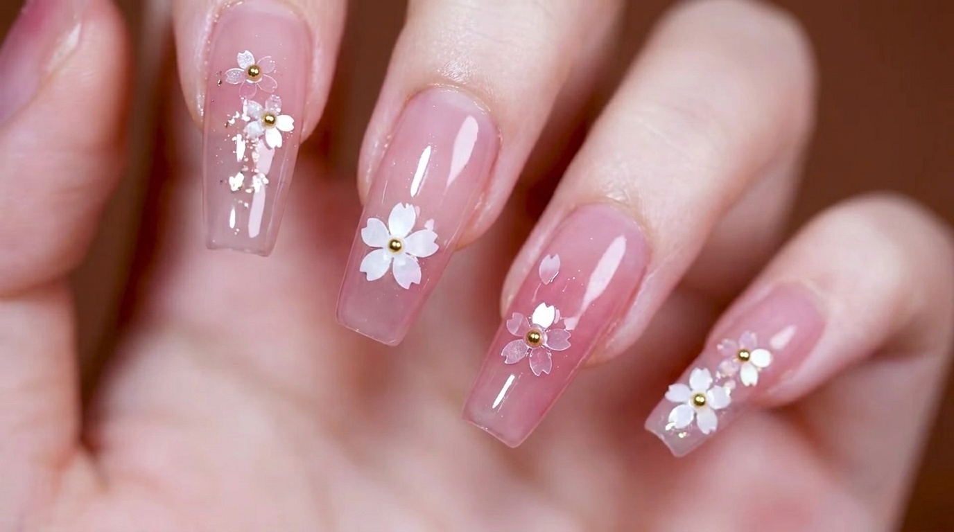 Soft pink blooming gradient nails adorned with delicate cherry blossom sequins and gold metal bead accents.