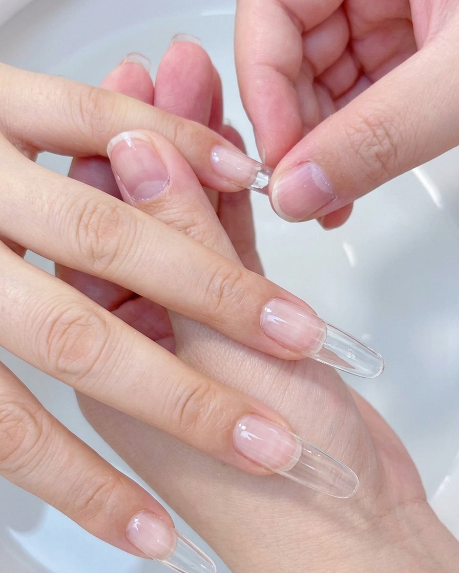A close-up view of a person aligning a clear, full-cover gel nail tip over a natural fingernail to check for proper sizing.