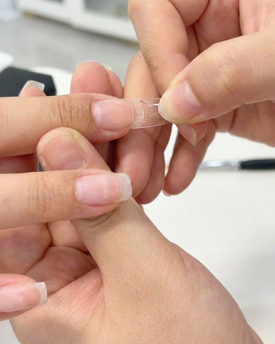 A nail tip being cured under a small, handheld LED lamp.