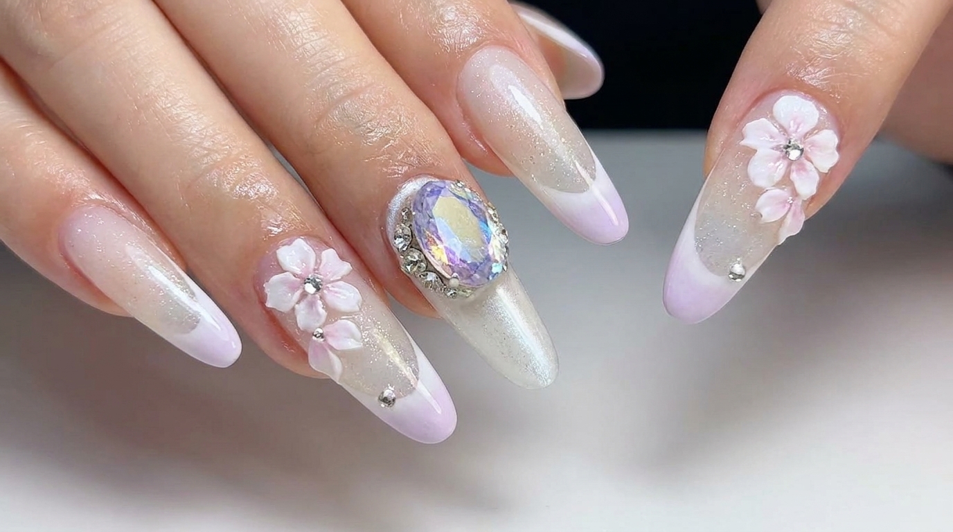 Milky Purple Cat-Eye Gradient Nails with 3D Cherry Blossom Art