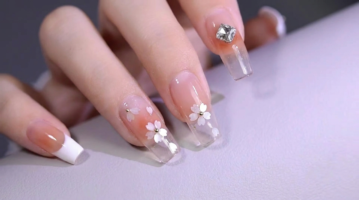 Sakura Cherry Blossom Sequins Gel Nails — Elegant Floral Tutorial