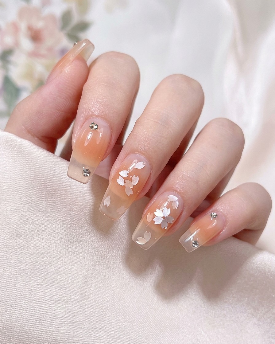 Tweezers placing a holographic sakura-shaped sequin onto a nail.