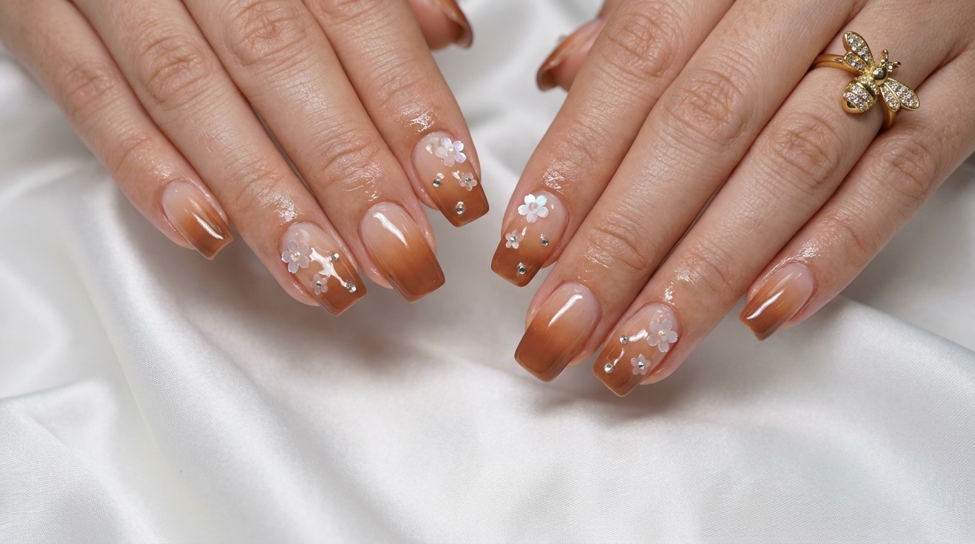 Autumn Milk Tea Gradient Nails with Sakura Sequins — Step-by-Step Tutorial